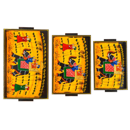Handpainted Rajasthani Serving Trays
Wooden Tray Set of 3
Intricate Elephant Rider Artwork
Three Different Tray Sizes
Colorful Indian Handicraft Decor
Uphar Handicrafts
