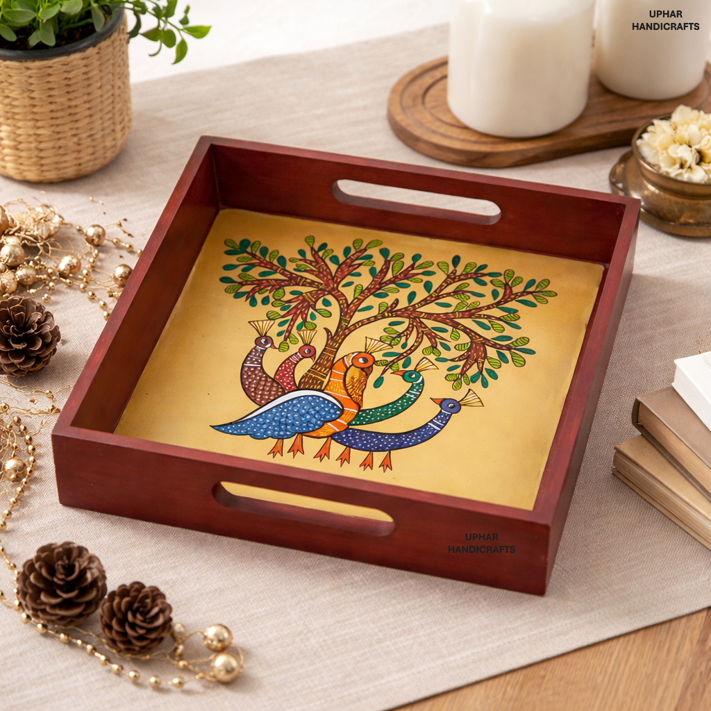 Hand-Painted Peacock Wooden Serving Tray
Vibrant Peacock and Tree Motif
Solid Natural Wood Tray
Traditional Indian Hand-Printed Artwork
Square 8x8 Inch Serving Tray
Tea Coffee Snack and Dessert Tray
Uphar Handicrafts