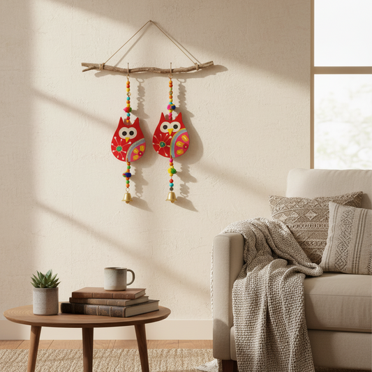 Hand-Painted Wooden Owl Wall Hanging Colorful Folk Art Boho Wall Décor for Home, Apartment