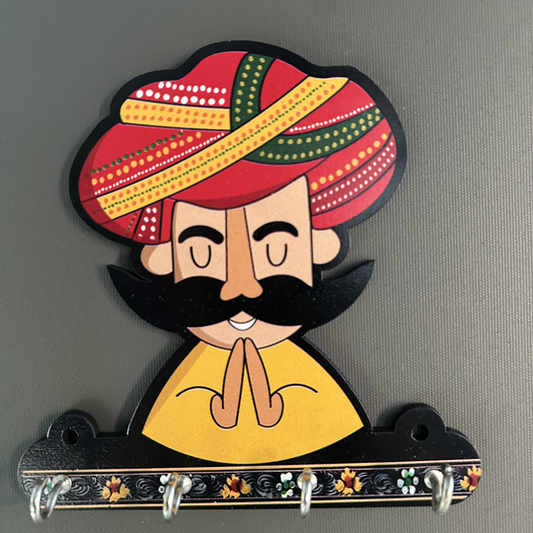 Handcrafted Rajasthani Desi Man Wooden Key Holder – 4x5 Inch – Multicolor Wall Decor with 4 Hooks