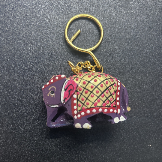 Hand-Painted Wooden Elephant Keychain – Multicolor Miniature Key Ring