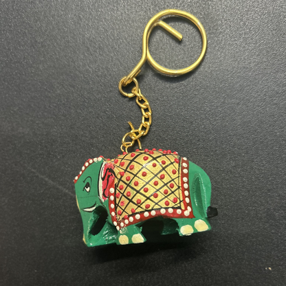 Hand-Painted Wooden Elephant Keychain – Multicolor Miniature Key Ring