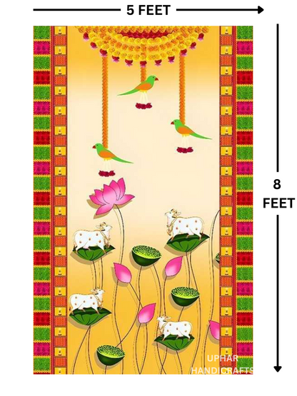 Indian Cow Lotus Fabric Backdrop
Traditional Kamdhenu Pichwai Inspired Artwork
Bright Multicolor Floral Wall Decoration
8x5 Feet Large Fabric Backdrop
Home Mandir and Spiritual Corner Decor
Diwali Ganesh Chaturthi and Festival Decor
Uphar Handicrafts