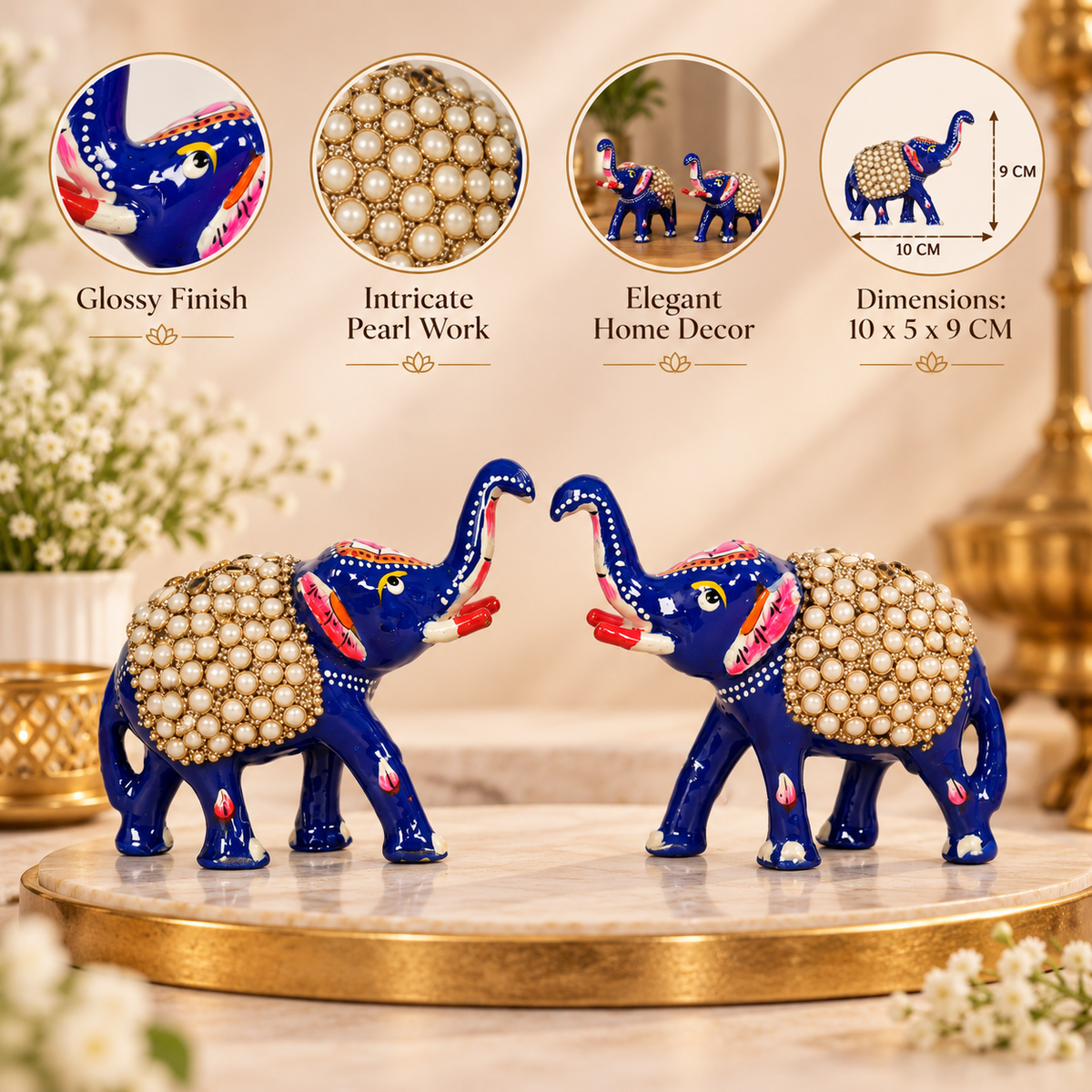 Traditional Indian-inspired metal elephant figurine set of two
Blue hand-painted elephants with red and white detailing
Raised trunks and pearl-style beaded saddles create a decorative look
Handcrafted pair designed for display on shelves and mantels
Each elephant measures approximately 3.9 inches long
Suitable for traditional, eclectic and modern interiors
Uphar Handicrafts