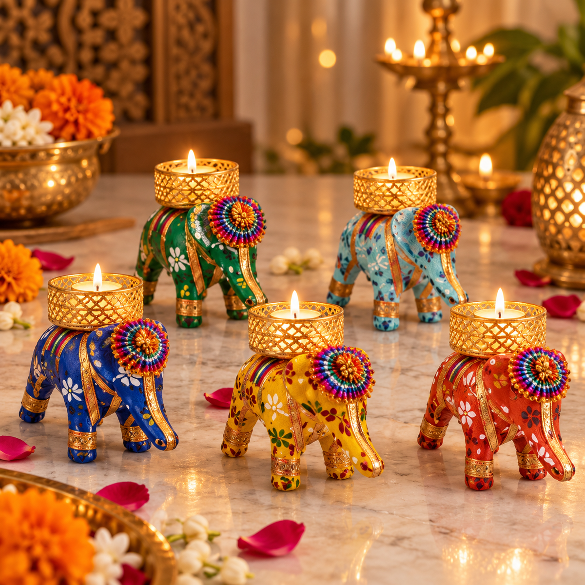 Indian elephant candle holder
Handcrafted festive tealight holder
Fabric covered elephant frame
Gold tone metal detailing
Traditional Indian decorative lighting
Uphar Handicrafts