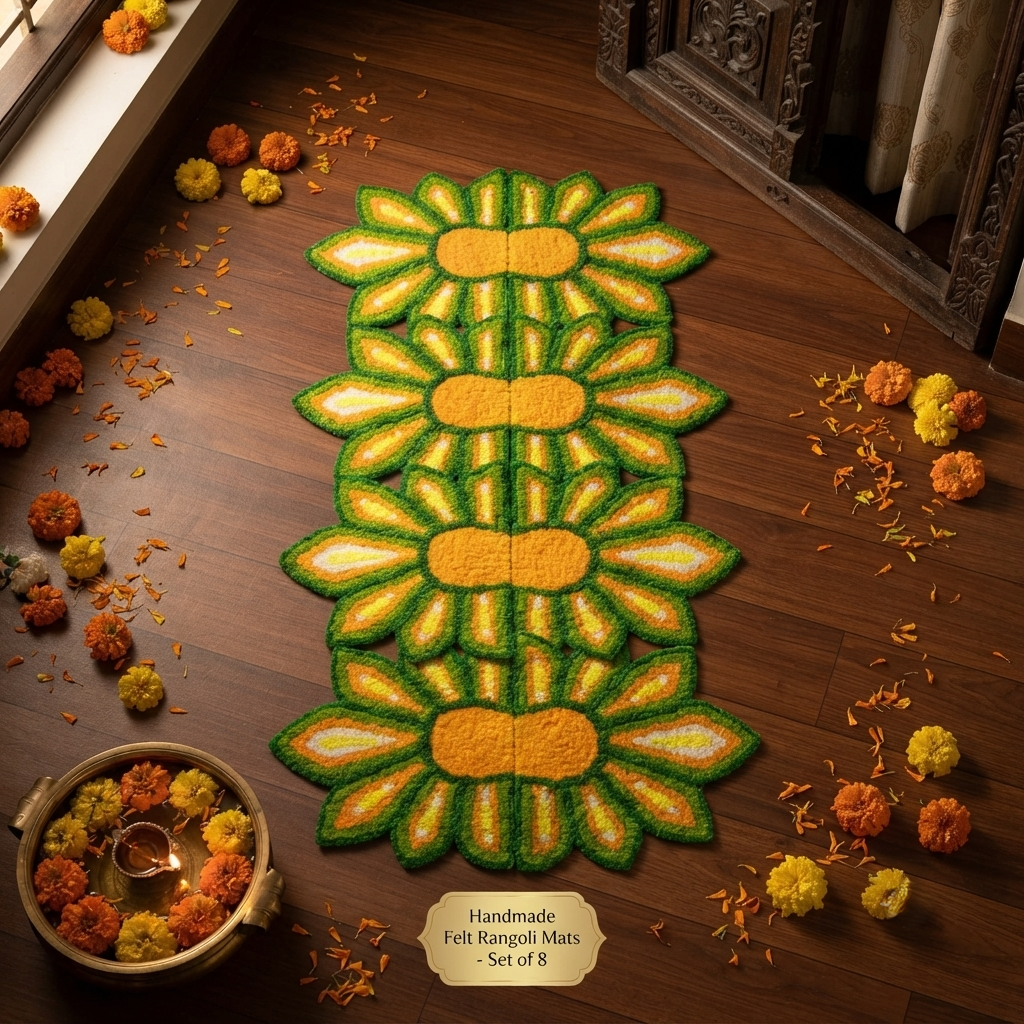 Indian festival rangoli mat with colorful decorative pattern
Traditional festive floor décor for Diwali
Reusable mat for entrances and home spaces
Suitable for pooja areas and celebrations
Festive Indian handicraft décor
Uphar Handicrafts
