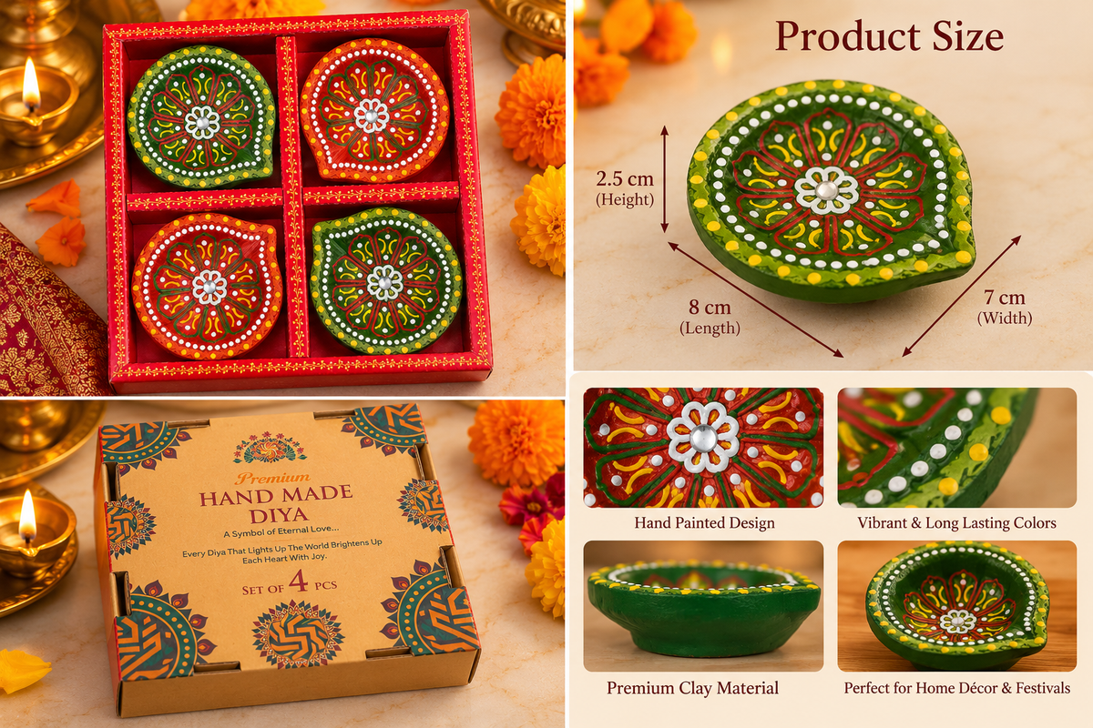 Traditional Indian handmade diya gifting set
Four green and red clay diyas in one printed gift box
Hand-painted floral designs on festive diyas
Decorative stone detailing on traditional clay diyas
Handmade diyas for pooja and festive home décor
Diya gift box set for festivals and celebrations
Uphar Handicrafts