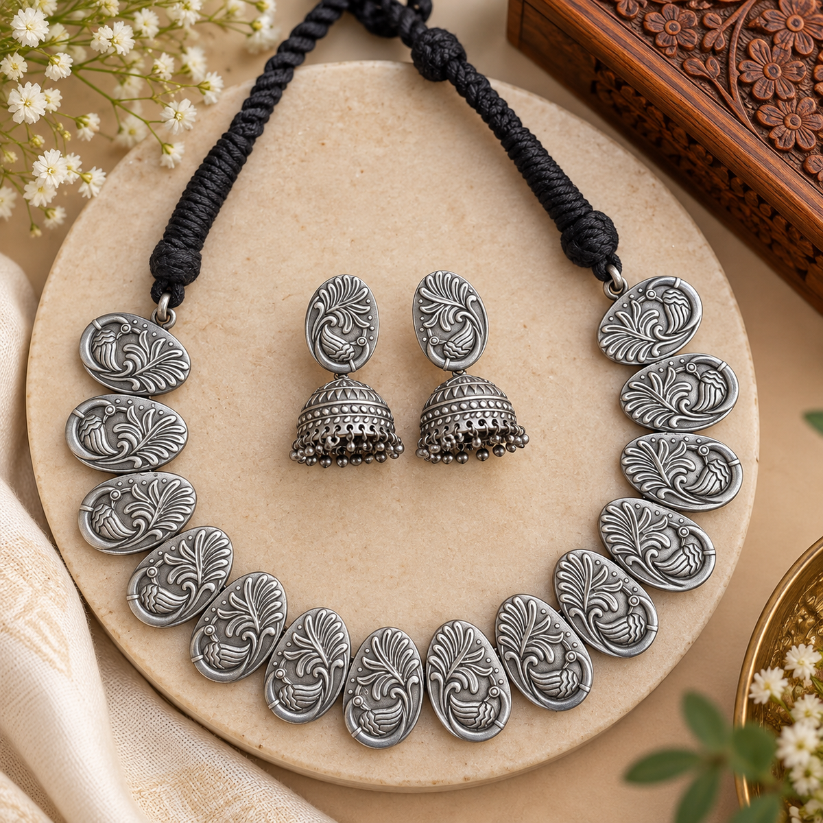 Indian festive necklace and earrings set
Traditional oxidized jewelry with antique appearance
Handcrafted metal alloy necklace
Decorative stone and bead accents
Matching earrings for a coordinated look
Suitable for Navratri, Diwali, weddings and parties
Uphar Handicrafts