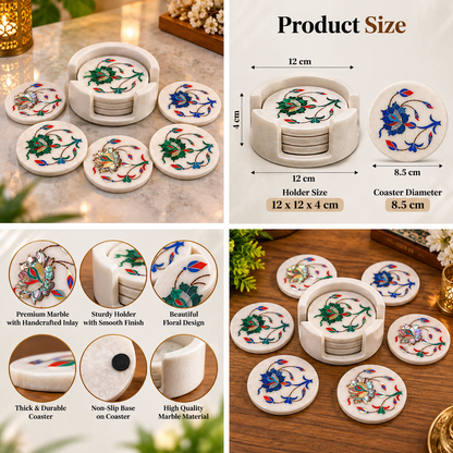 Indian-inspired marble coaster gift set
Six white marble coasters with holder
Traditional floral inlay artwork
Round polished marble design
Handcrafted and hand-finished details
Gift for weddings and housewarmings
Uphar Handicrafts