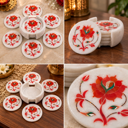 Indian-inspired marble coaster gift set
Set of 6 coasters with holder
White marble floral inlay design
Red and blue floral inlay variants
Traditional Mughal-inspired craftsmanship
Table decor for gifting occasions
Uphar Handicrafts