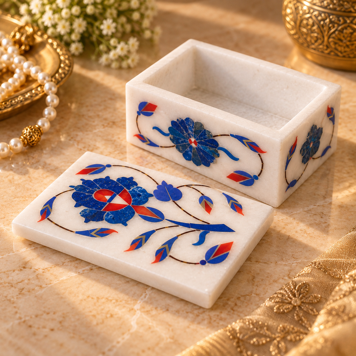Indian marble jewelry storage box
White marble with stone inlay work
Rectangular shape with decorative lid
Hand-inlaid floral and leaf motifs
Traditional Mughal-inspired craftsmanship
Suitable for rings and jewelry
Uphar Handicrafts