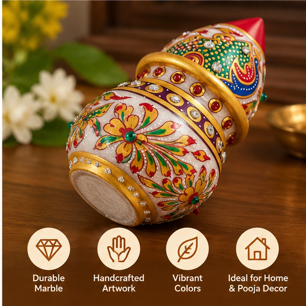 Indian-inspired marble Kalash for festive gifting
Handcrafted white marble decorative ornament
Colorful painted artwork with gold-tone borders
Peacock and floral design variants available
Decorative stones add detail to the polished finish
Gift idea for housewarmings, weddings and festivals
Uphar Handicrafts