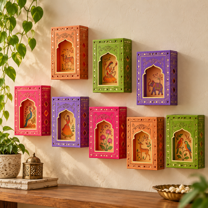 Jharokha festive wall lighting
Paper window frames with LED candles
Eight handcrafted Jharokha decorations
Traditional Indian folk art design
Flameless decorative wall lights
Uphar Handicrafts