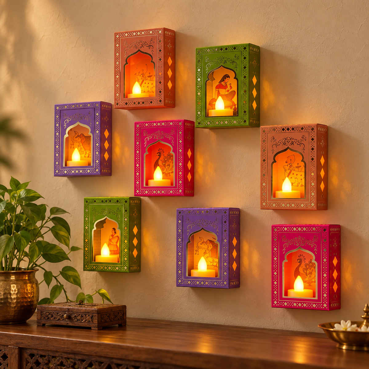 Paper Jharokha wall decor with LED candles
Eight flameless LED candle lights included
Arched Jharokha frame design
Traditional Indian folk art motifs
Decorative festive wall lighting
Uphar Handicrafts