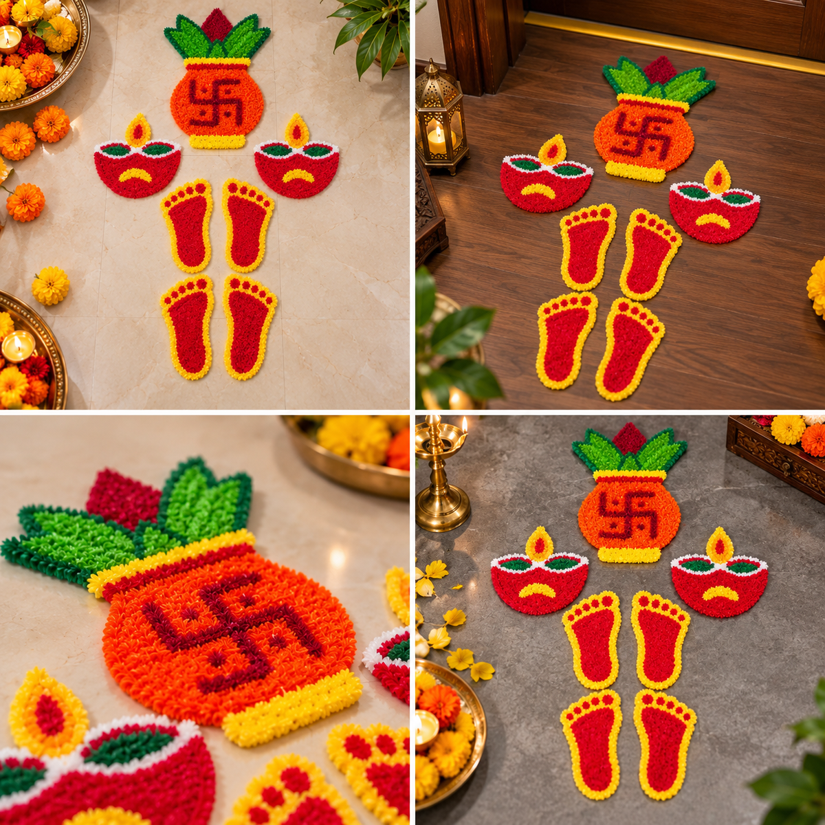 Kalash Swastik and Diya rangoli mats
Traditional Indian festive floor decoration
Fabric mats for puja rooms
Laxmi Charan Paduka motifs
Diwali Dhanteras and festival decor
Uphar Handicrafts