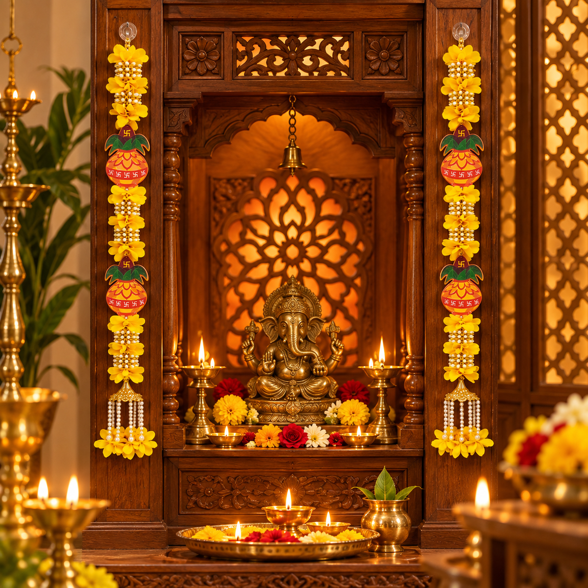 Kalash Swastik doorway hanging garland
Fabric flower strands with traditional motifs
Layered flowers with pearl style beads
Gold tone metal bell tassels
Two-foot length per garland
Traditional Indian festive doorway decor
Uphar Handicrafts