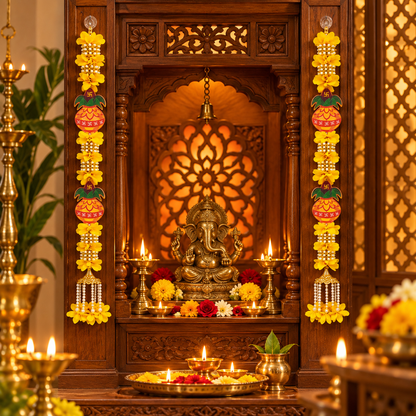Kalash Swastik doorway hanging garland
Fabric flower strands with traditional motifs
Layered flowers with pearl style beads
Gold tone metal bell tassels
Two-foot length per garland
Traditional Indian festive doorway decor
Uphar Handicrafts