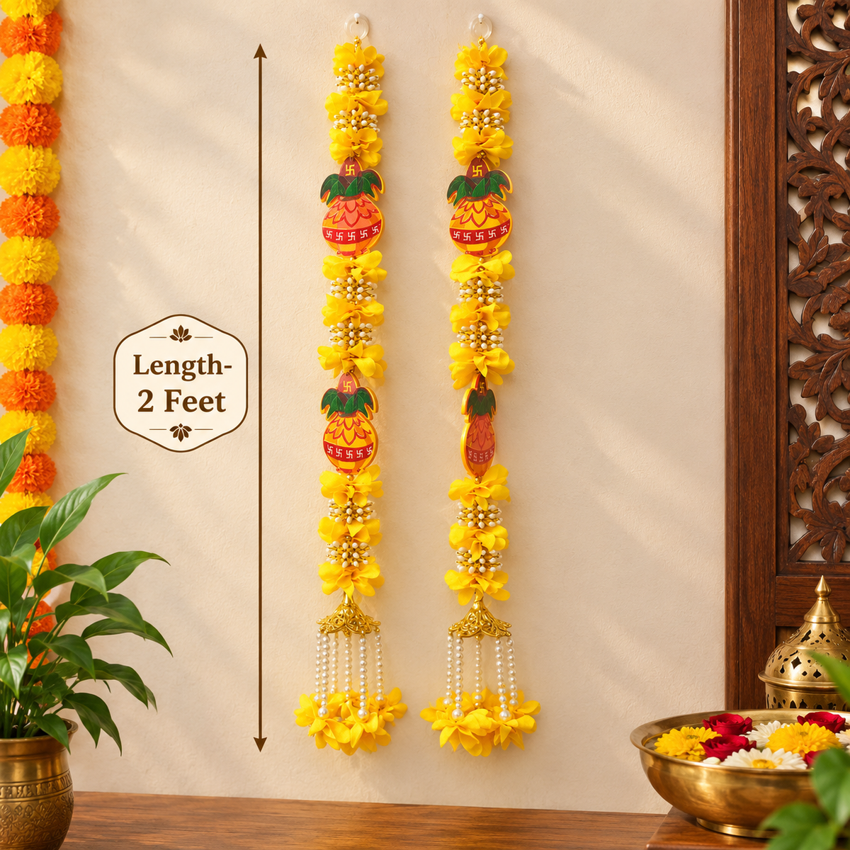 Kalash Swastik garland for Diwali decor
Vertical fabric flower hanging strands
Kalash and Swastik motifs
Bead and tassel detailing
Gold tone metal bell tassels
Handcrafted festive Indian-inspired decoration
Uphar Handicrafts