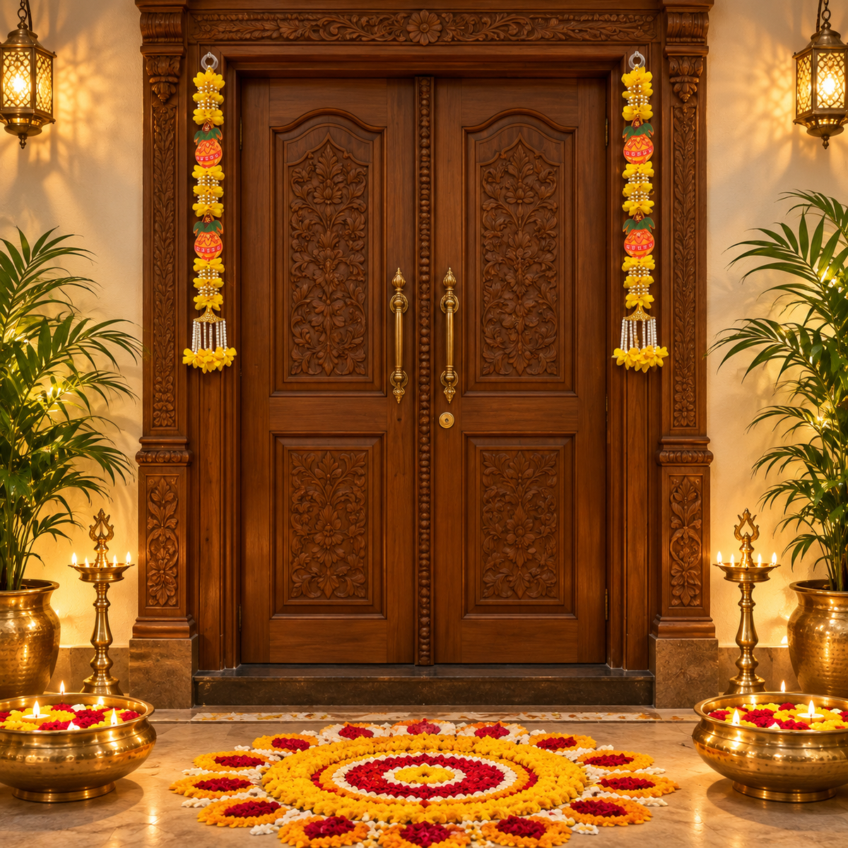 Kalash Swastik hanging flower garland set
Fabric flowers with Kalash motifs
Swastik motifs with layered flowers
Pearl style beads and gold tone bells
Handcrafted and hand-finished design
Traditional Indian-inspired festive decor
Uphar Handicrafts
