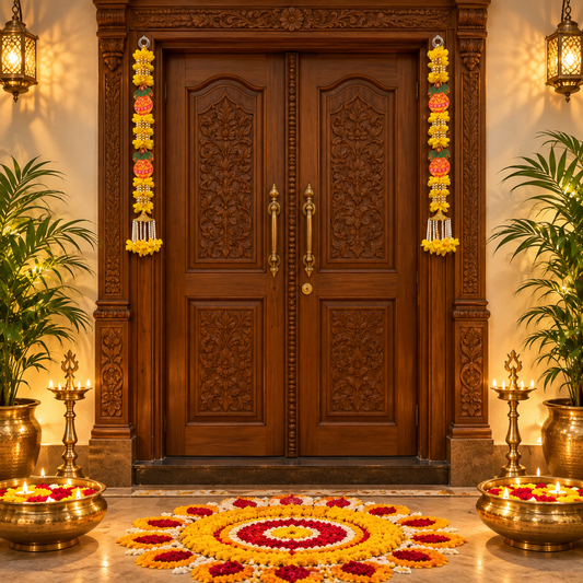Kalash Swastik hanging flower garland set
Fabric flowers with Kalash motifs
Swastik motifs with layered flowers
Pearl style beads and gold tone bells
Handcrafted and hand-finished design
Traditional Indian-inspired festive decor
Uphar Handicrafts
