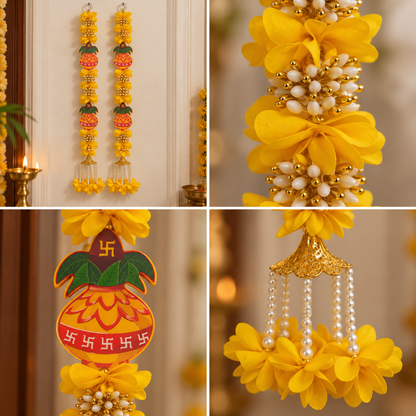 Kalash Swastik hanging garland for weddings
Vertical floral hanging with traditional motifs
Layered fabric flowers and bead detailing
Gold tone metal bell tassels
Suitable for mandaps and photo backdrops
Handcrafted Indian-inspired festive decor
Uphar Handicrafts