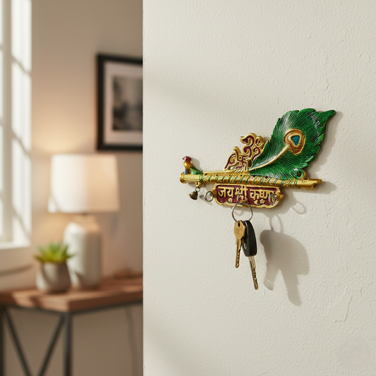 Krishna Flute Metal Key Holder
Peacock Feather Decorative Design
जय श्री कृष्णा Engraved Key Holder
Hand-Painted Indian Metal Decor
Three Hook Wall Key Organizer
Traditional Spiritual Home Accent
Uphar Handicrafts