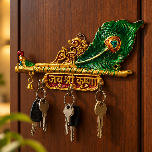Krishna flute wall key holder with a hand-painted peacock feather
Gold-tone metal design with a red Jai Shri Krishna text plaque
Decorative flute motif inspired by traditional Indian devotional art
Wall-mounted key organizer with hanging metal hooks
Measures approximately 9.5 inches long and 5 inches high
Handcrafted and hand-painted accent for entryways and puja spaces
Uphar Handicrafts