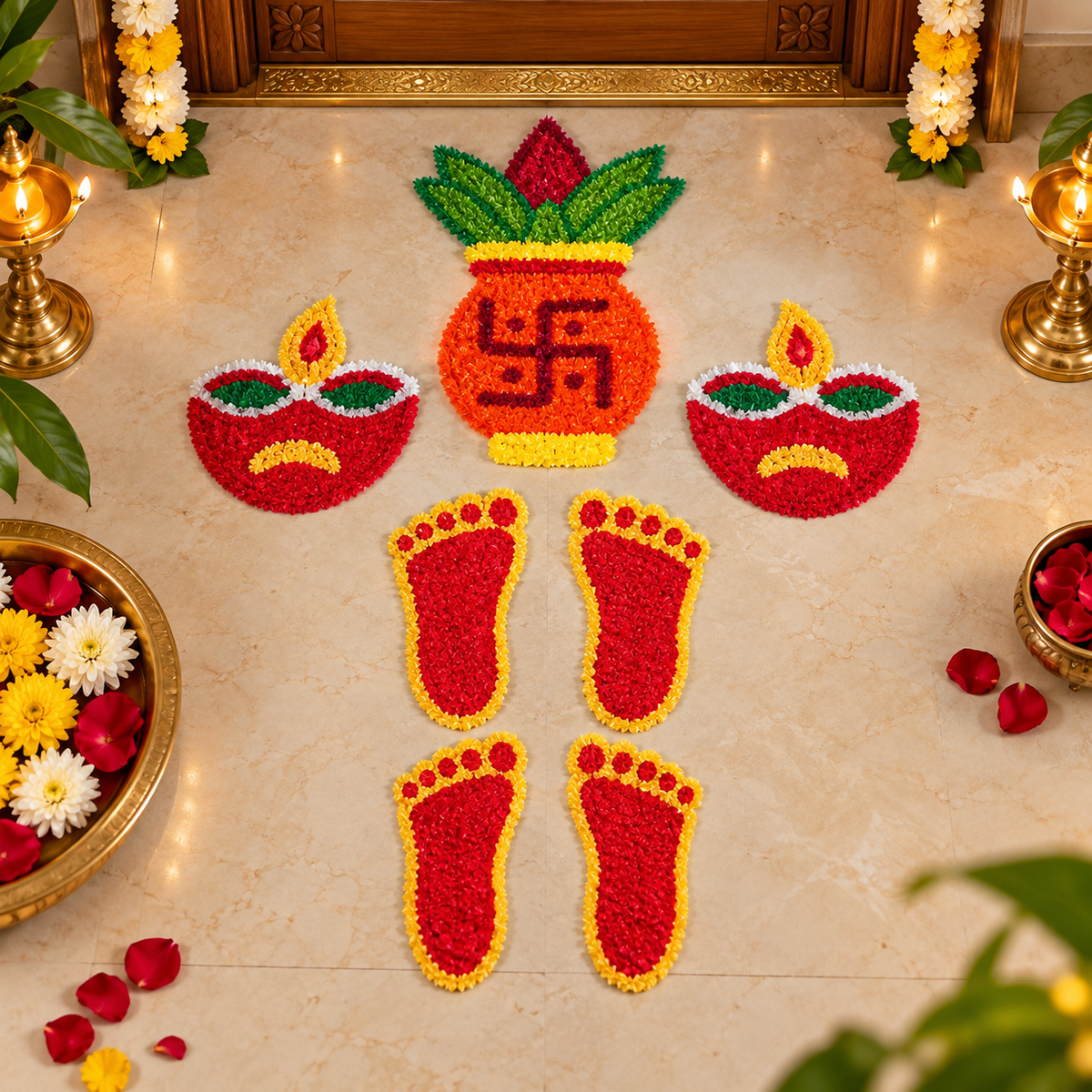 Laxmi Charan Paduka rangoli mats
Traditional Indian fabric floor decor
Two pairs of Laxmi footprints
Festive doorway and entrance decoration
Diwali and housewarming decor
Uphar Handicrafts