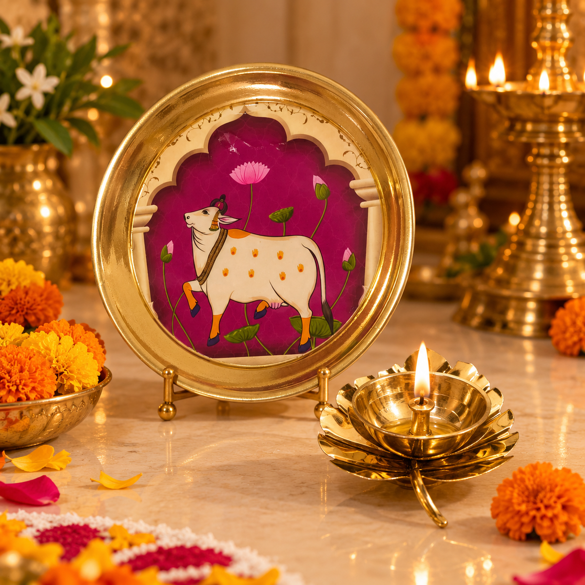 Open lotus-shaped brass diya for puja rituals
Decorative petals form a traditional lotus design
Brass diya paired with a matching puja plate
Polished metallic finish with ornamental detailing
Suitable for aarti and festive diya displays
Indian-inspired accessory for home worship
Uphar Handicrafts
