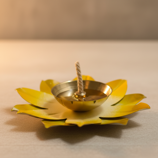 Yellow Lotus Urli Diya Brass Metal Deepak for Diwali & Pooja Decor