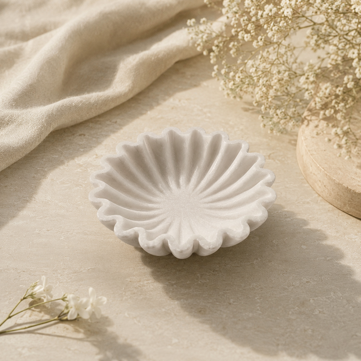 Hand Polished Marble Ruffle Bowl
Marble Art
Fluted Edge Fruit Dish
Uphar Handicrafts