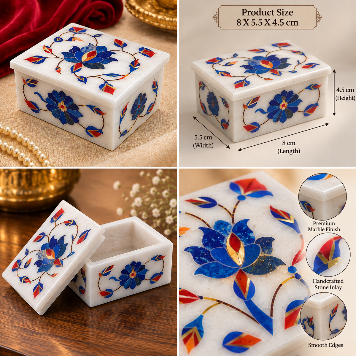 Marble box for rings and earrings
White marble jewelry storage box
Hand-inlaid floral design
Rectangular shape with fitted lid
Polished marble finish
Handcrafted Indian-inspired accessory box
Uphar Handicrafts