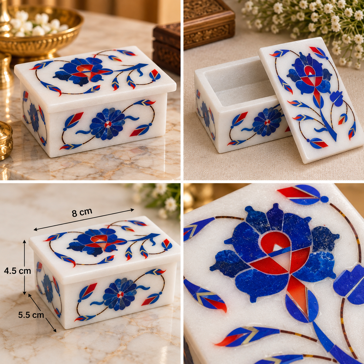 Marble box with floral vine inlay
White marble rectangular box
Hand-inlaid floral motifs on the lid
Decorative vine detailing on the sides
Polished marble finish
Traditional Mughal-inspired accessory box
Uphar Handicrafts