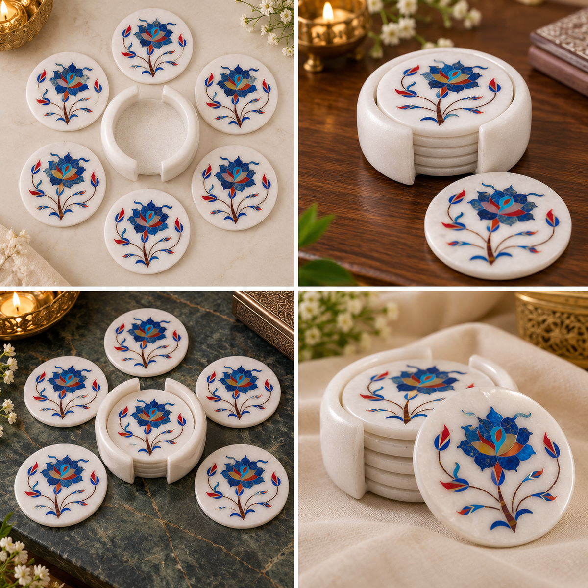 Marble coasters with matching holder
Set of 6 coasters and 1 holder
Polished white marble finish
Hand-inlaid floral motif
Approximately 4 cm stack height
Traditional Indian-inspired table accessory
Uphar Handicrafts