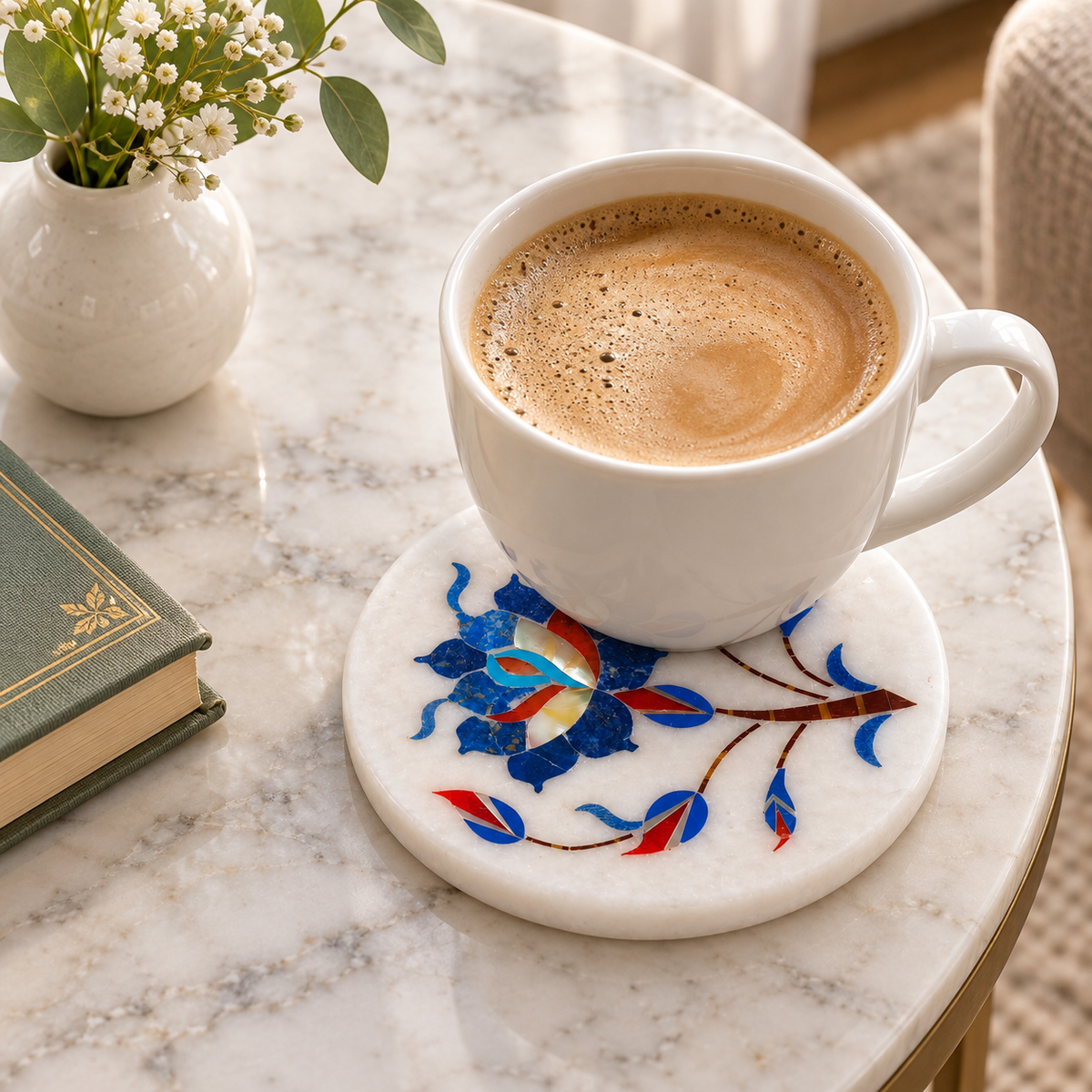 Marble coaster set with holder
Set of 6 round marble coasters
White marble with floral inlay work
Matching marble coaster holder
Traditional Indian inspired table decor
Handcrafted marble coaster set
Uphar Handicrafts