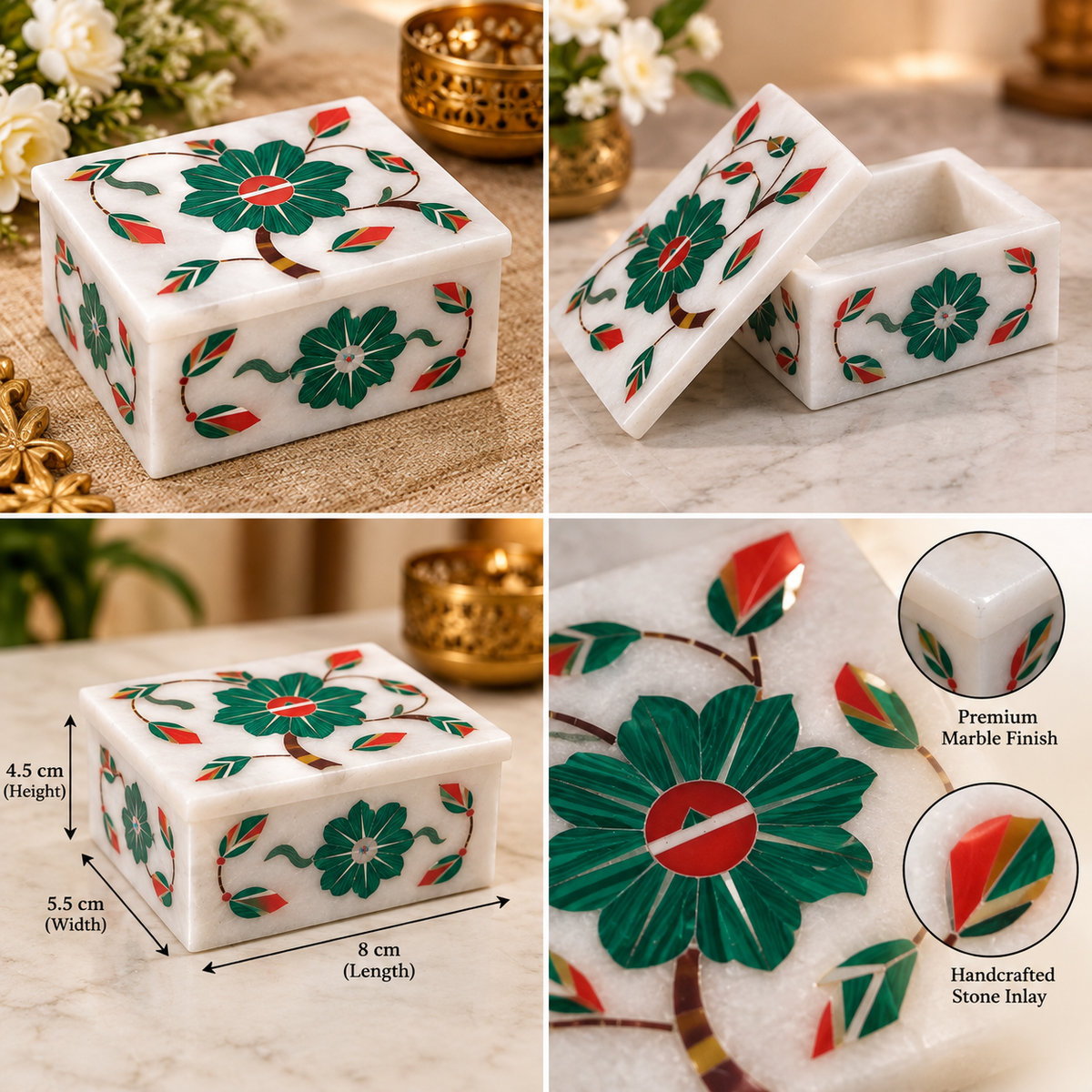 Marble floral keepsake storage box
White marble with polished finish
Hand-inlaid floral and vine motifs
Rectangular lidded box design
Traditional Mughal-inspired style
Suitable for coins and keepsakes
Uphar Handicrafts