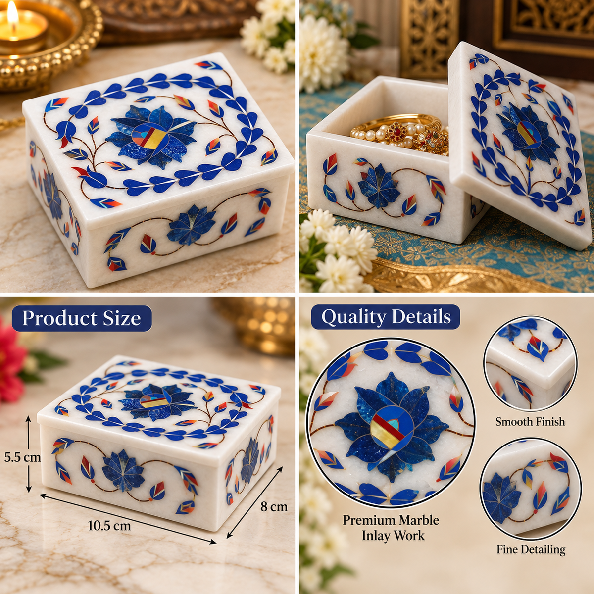 Marble inlay gift box
White marble rectangular trinket box
Hand-inlaid floral leaf and vine motifs
Polished marble surface with lid
Traditional Indian-inspired craftsmanship
Decorative storage for jewelry and keepsakes
Uphar Handicrafts