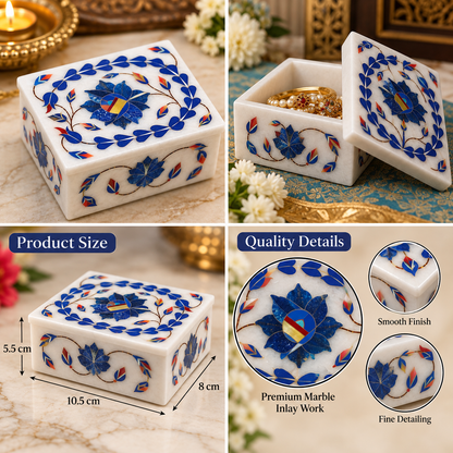 Marble inlay gift box
White marble rectangular trinket box
Hand-inlaid floral leaf and vine motifs
Polished marble surface with lid
Traditional Indian-inspired craftsmanship
Decorative storage for jewelry and keepsakes
Uphar Handicrafts