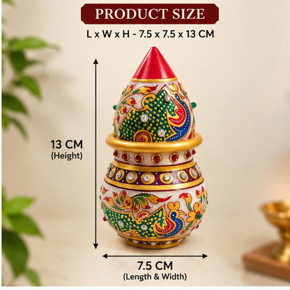 Marble Kalash for Diwali and festive puja decor
Decorative coconut top with painted marble body
Gold-tone borders and colorful artwork
Embellished stones across the traditional design
Compact ornament for a home temple or puja thali
Handcrafted accent for Indian celebrations
Uphar Handicrafts
