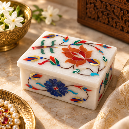 Marble trinket box for small accessories
White marble rectangular storage box
Hand-inlaid floral stone detailing
Decorative lid with matching design
Traditional Indian-inspired craftsmanship
Suitable for rings earrings and coins
Uphar Handicrafts