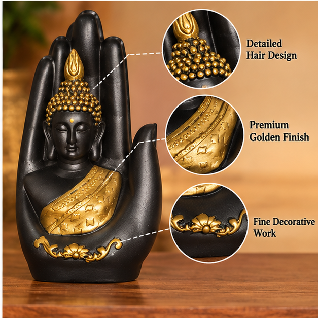 Matte black Buddha hand statue with gold accents
Seated Buddha displayed on an open palm
Intricate hair detailing and decorated robe
Lotus border pattern around the base
Spiritual decor for an office or living room
Handcrafted figurine with a hand-finished surface
Uphar Handicrafts