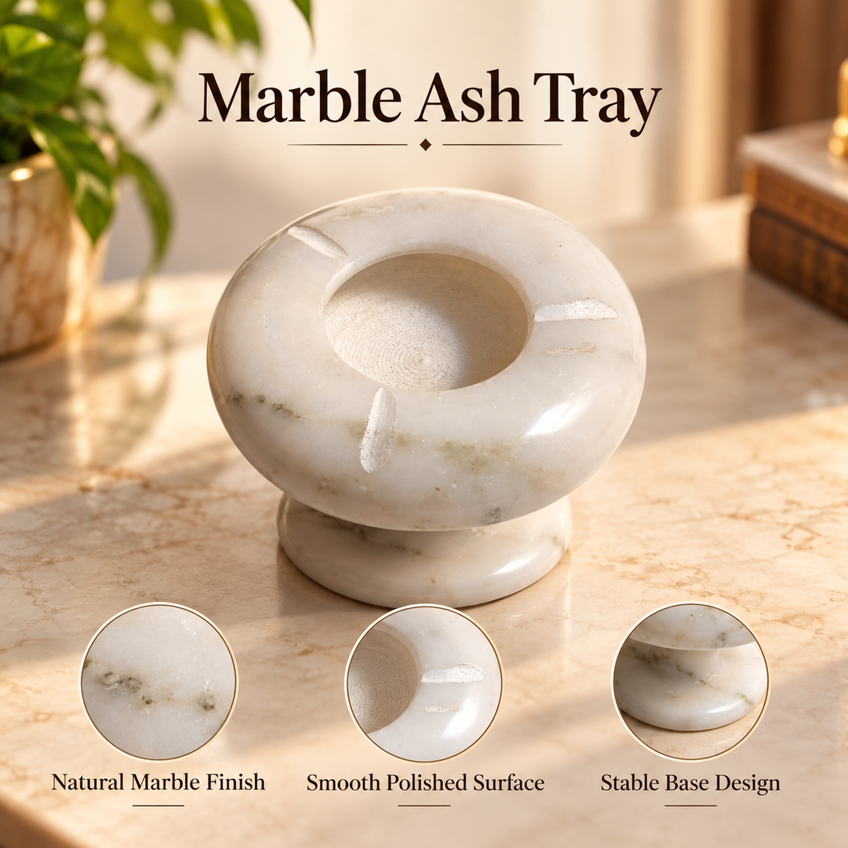 Minimalist white marble cigarette ashtray
Circular design with natural grey veining
Three cigarette rest slots around the bowl
Deep center for collecting ash
Polished marble with a sturdy pedestal base
Contemporary tabletop accessory
Uphar Handicrafts