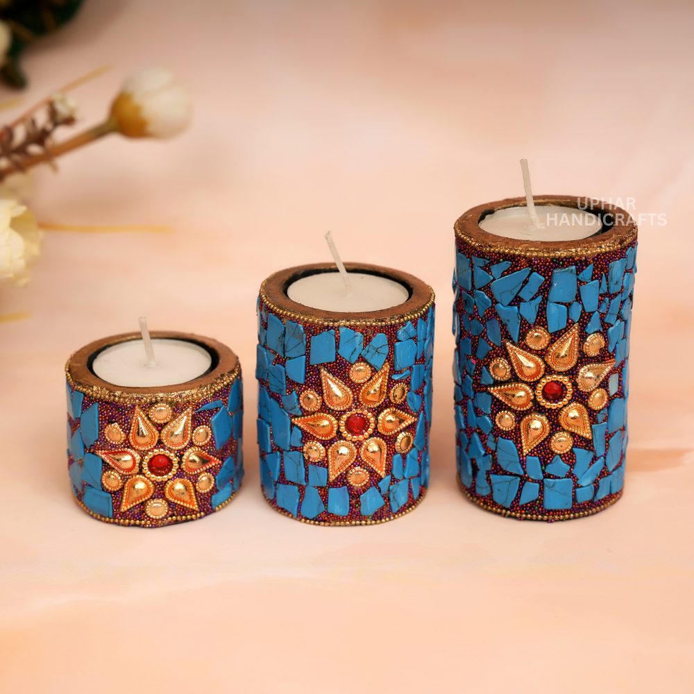 Mosaic Candle Holder Set of 3
Blue Gold Handcrafted Tealight Holders
Decorative Table Centerpiece
Layered Lighting Home Decor
Diwali Wedding and Party Decoration
Housewarming Gift for Family
Uphar Handicrafts