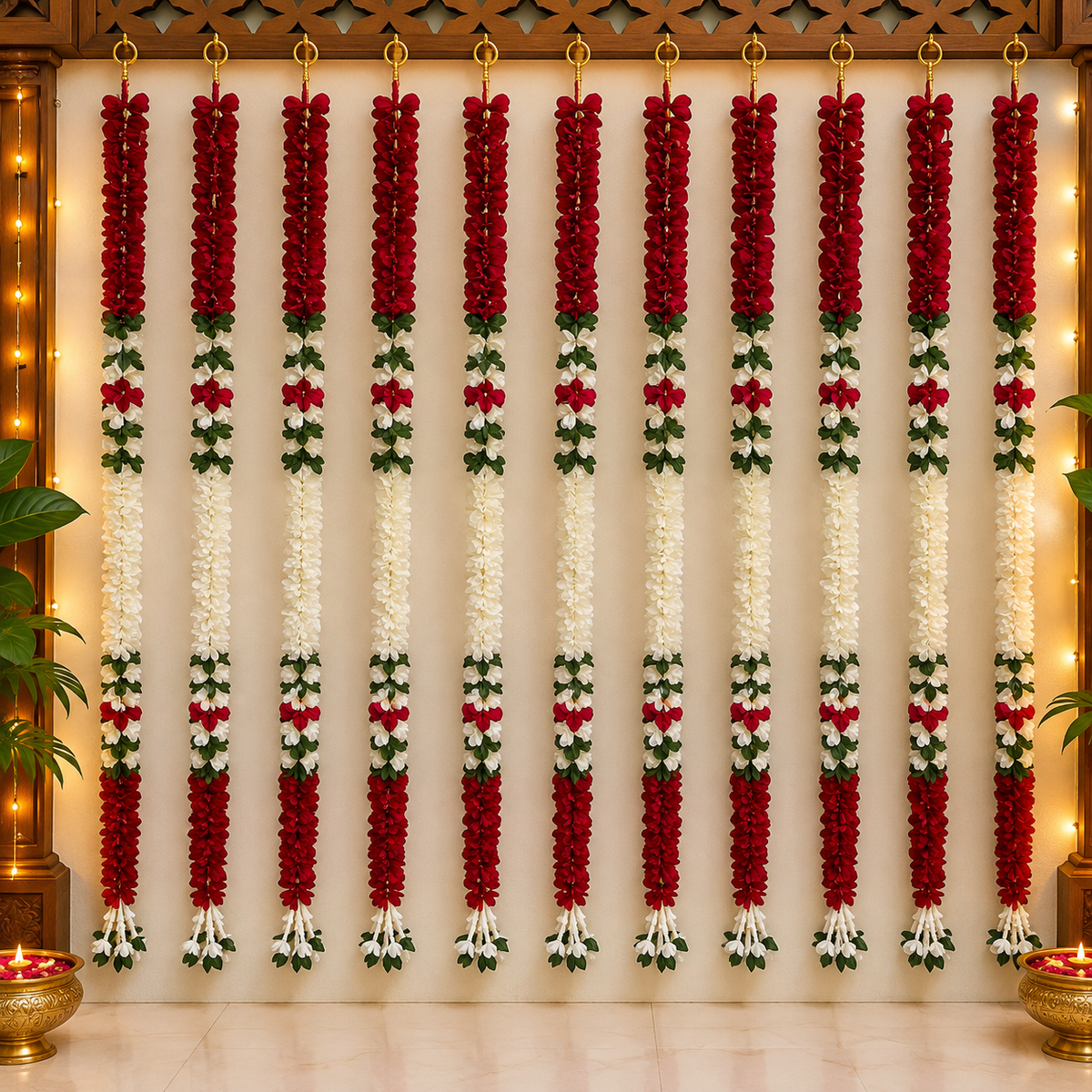 Artificial flower garland for Navratri
Fabric flowers with leaf detailing
Hand-finished festive hanging decoration
Bead or metal tassel accents
Five-foot hanging flower garland
Traditional Indian-inspired festive decor
Uphar Handicrafts