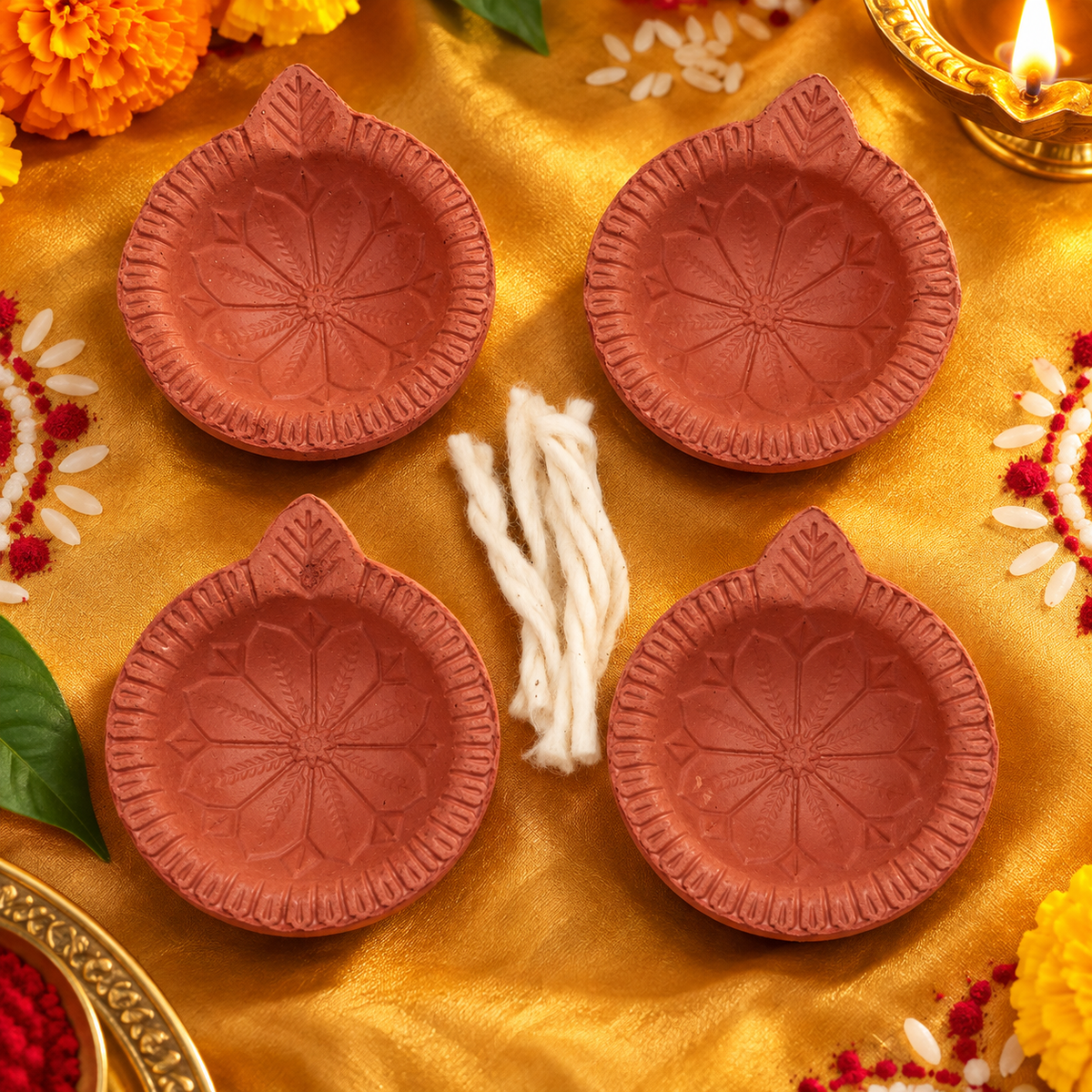 Navratri clay diya set
Natural terracotta festive diyas
Four handmade Indian clay diyas
Cotton wicks included
Traditional festival decoration
Uphar Handicrafts