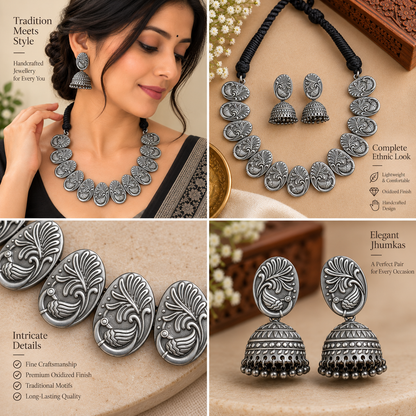 Oxidized necklace with decorative bead accents
Traditional Indian handcrafted necklace and earrings
Antique silver-tone finish with stone detailing
Metal alloy jewelry with hand-finished design
Matching earrings complete the traditional set
Suitable for ethnic outfits and festive styling
Uphar Handicrafts