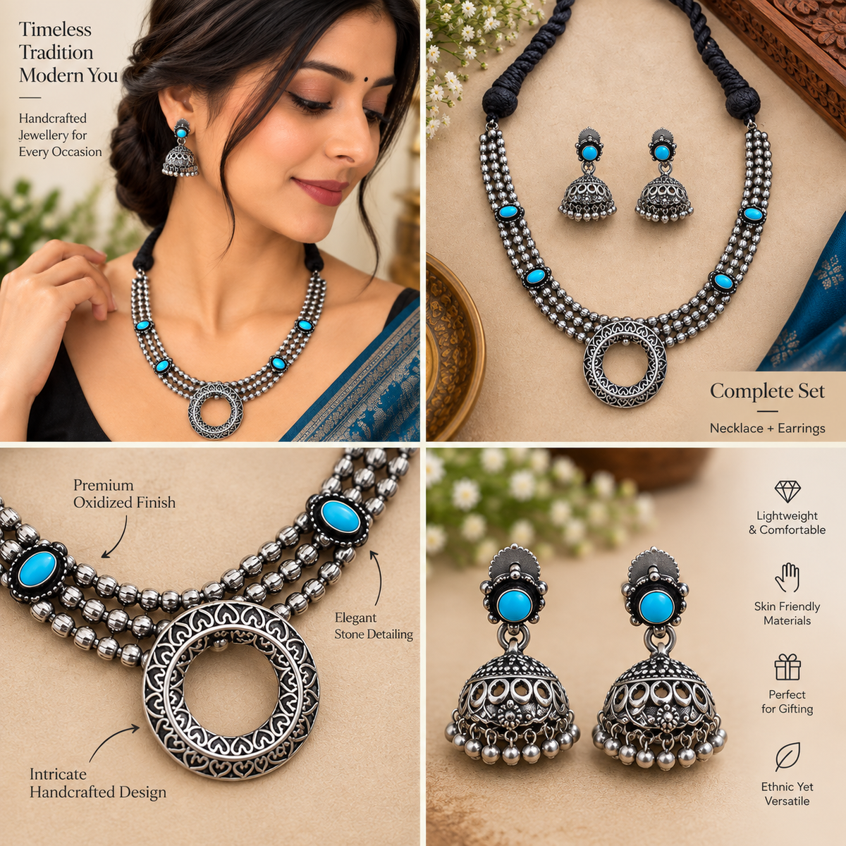 Oxidized necklace with adjustable black thread tie-back
Traditional Indian-inspired necklace and earrings set
Antique silver-tone metal alloy finish
Handcrafted jewelry with decorative stone accents
Bead detailing adds a traditional appearance
Suitable for ethnic wear and festive occasions
Uphar Handicrafts
