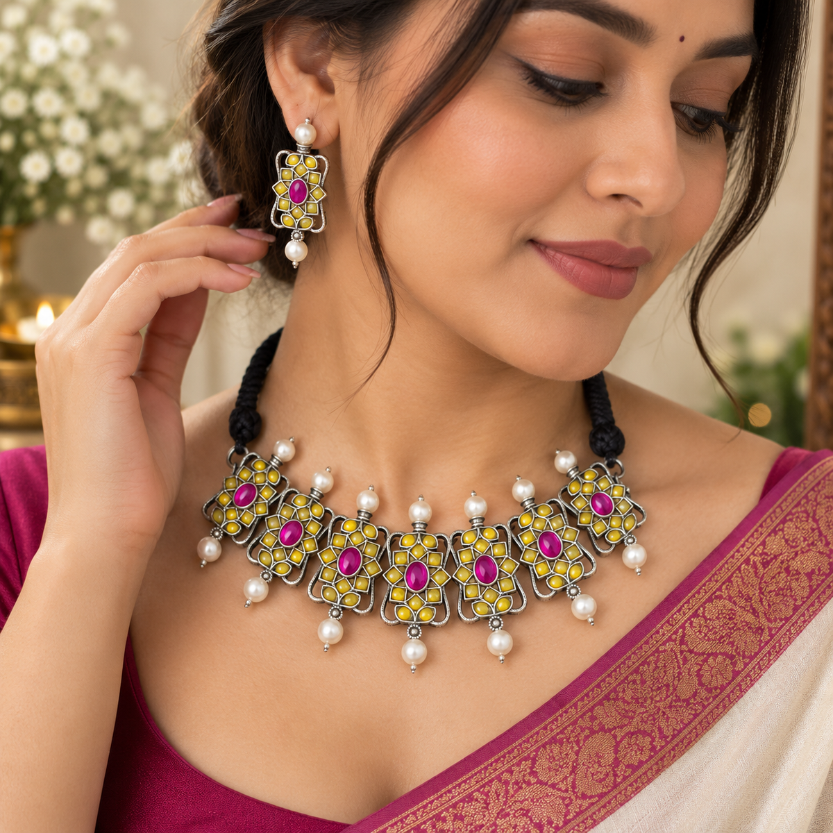 Oxidized necklace set for cultural celebrations
Traditional Indian-inspired necklace and earrings
Antique silver-tone handcrafted jewelry
Decorative stone and bead detailing
Metal alloy design with adjustable thread tie-back
Ethnic accessory for traditional outfits and festivals
Uphar Handicrafts
