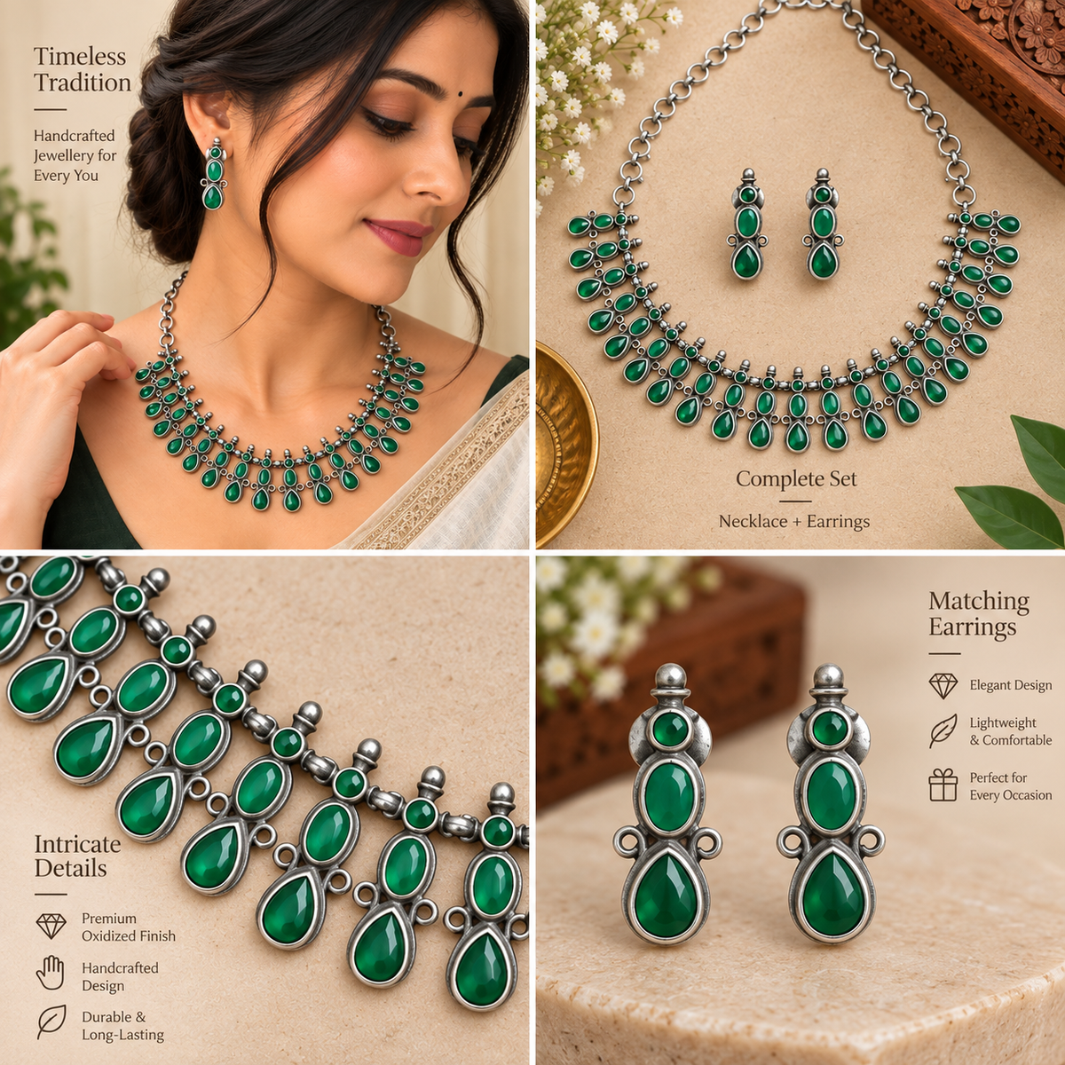 Oxidized necklace and earrings combination set
One traditional necklace with a matching pair of earrings
Antique silver-tone finish with decorative accents
Metal alloy jewelry with stones and beads
Handcrafted and hand-finished traditional design
Suitable for gifting and festive occasions
Uphar Handicrafts