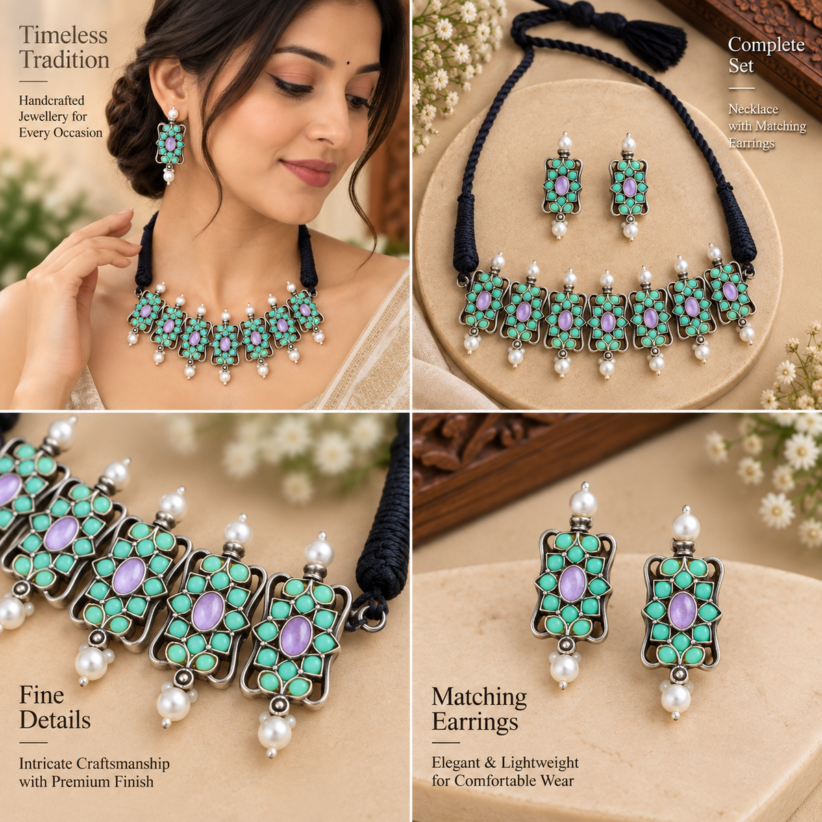 Oxidized necklace and earrings set by Uphar Handicrafts
Traditional Indian necklace with matching earrings
Antique silver-tone finish with decorative detailing
Metal alloy jewelry with stone and bead accents
Handcrafted necklace set for festive and traditional outfits
Matching necklace and earrings for special occasions
Uphar Handicrafts